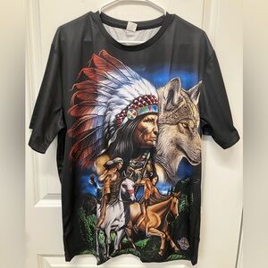NWT Men's Graphic Tee, Native Americans and Wolf T-Shirt, Black, XLarge